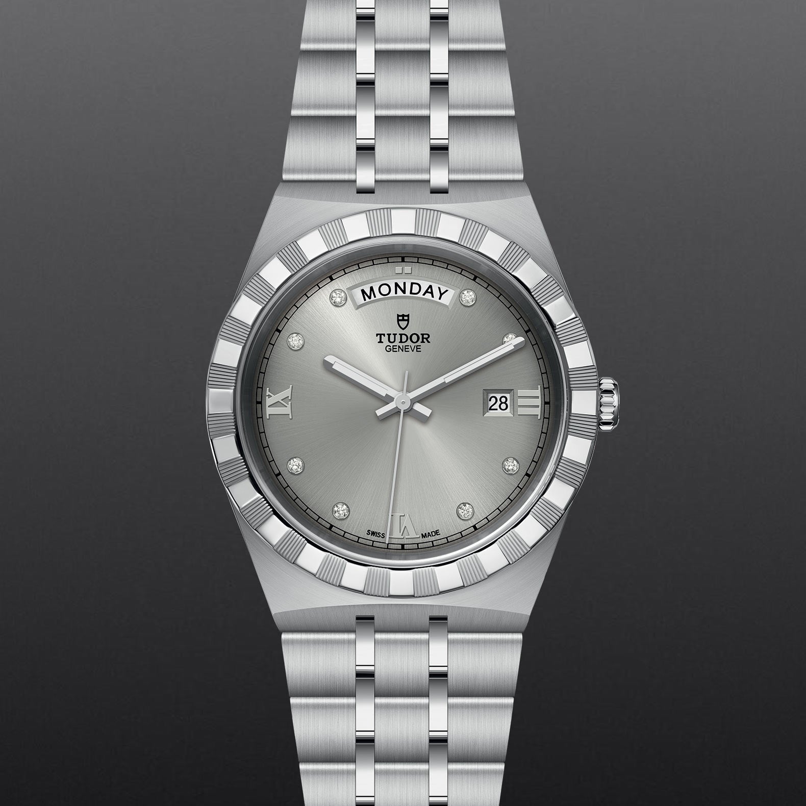 Tudor Royal Day Date Diamonds Automatic Silver Dial Silver Steel Strap Watch for Men - M28600-0002
