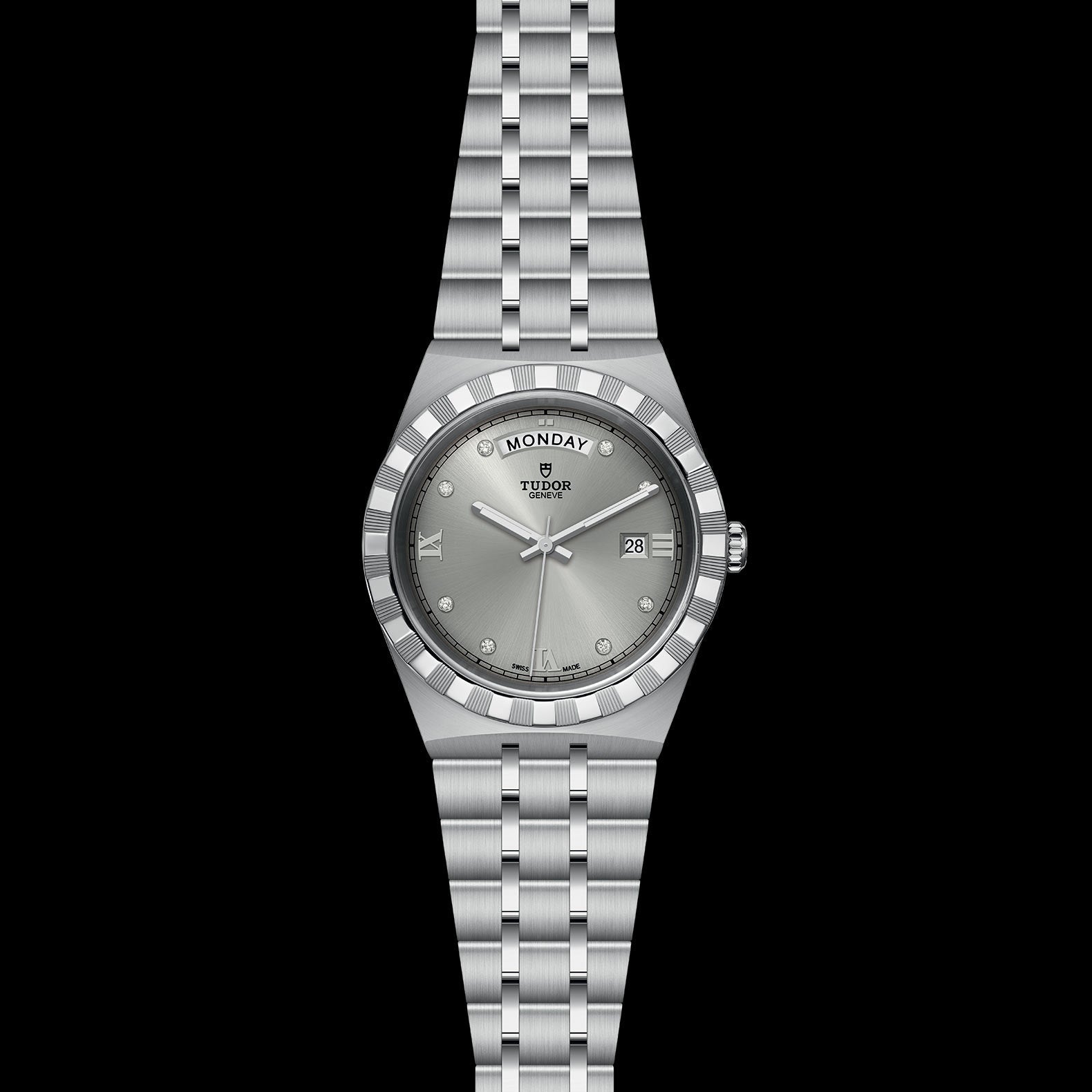 Tudor Royal Day Date Diamonds Automatic Silver Dial Silver Steel Strap Watch for Men - M28600-0002