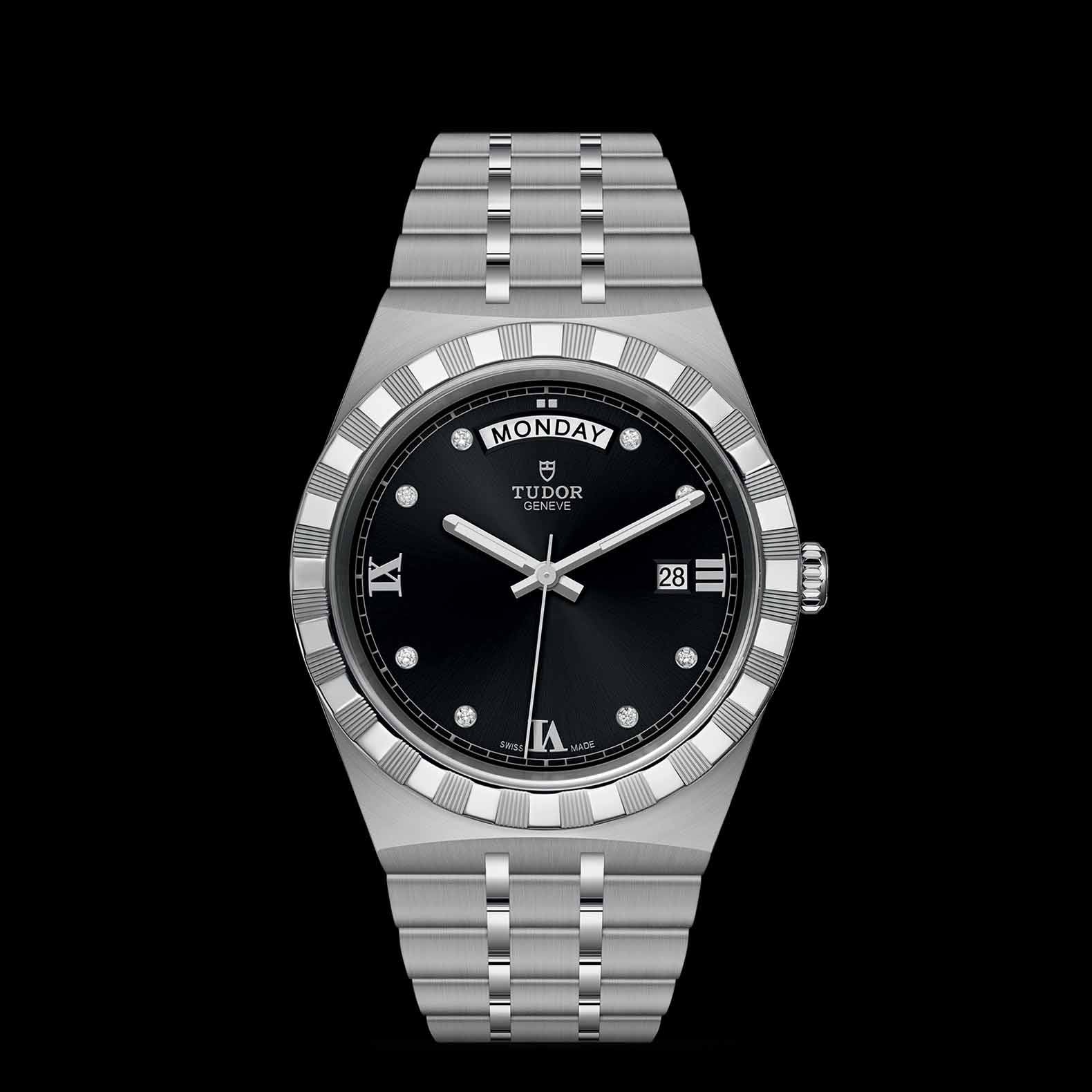 Tudor Royal Automatic Diamonds Black Dial Silver Steel Strap Watch for Men - M28600-0004