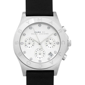 Marc Jacobs Blade Chronograph White Dial Black Leather Strap Watch for Women - MBM1189