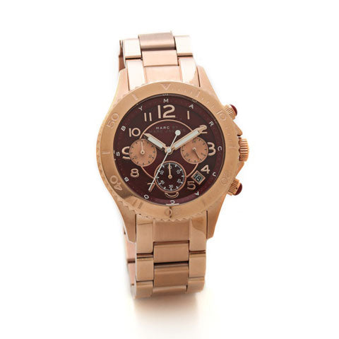 Marc Jacobs Rock Chronograph Mother of Pearl Red Dial Rose Gold Steel Strap Unisex Watch - MBM3251