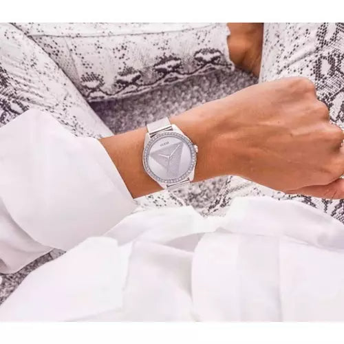 Guess Tri Glitz Quartz Silver Dial Silver Mesh Bracelet Watch For Women - W1142L1