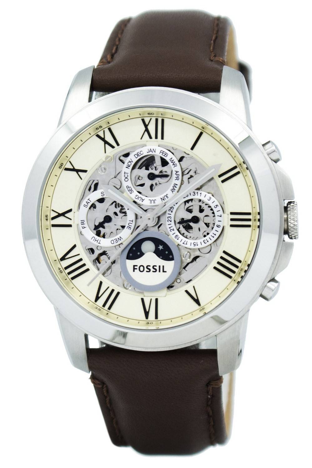 Fossil Grant Automatic White Dial Brown Leather Strap Watch for Men -  ME3027