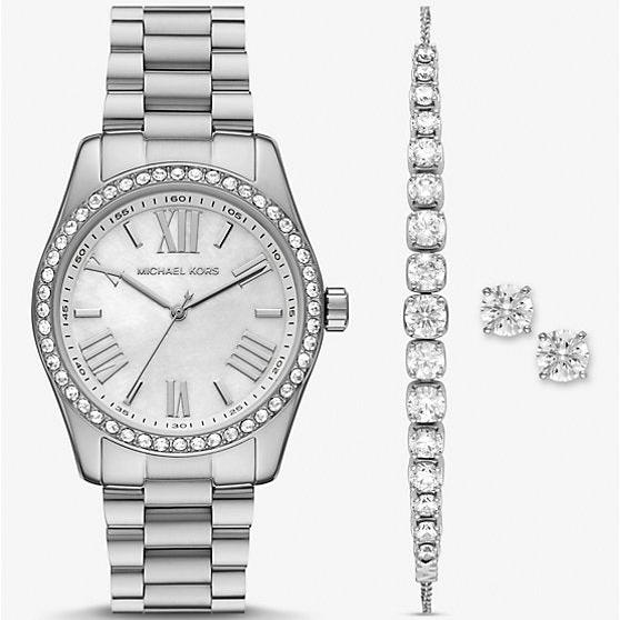 Michael Kors Lexington Crystals Mother of Pearl White Dial Silver Steel Strap Watch for Women - MK1087