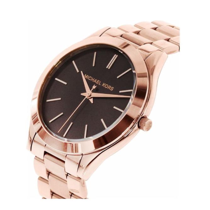 Michael Kors Slim Runway Brown Dial Rose Gold Stainless Steel Strap Watch for Women - MK3181