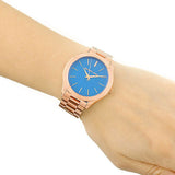 Michael Kors Slim Runway Quartz Blue Dial Rose Gold Steel Strap Watch For Women - MK3494
