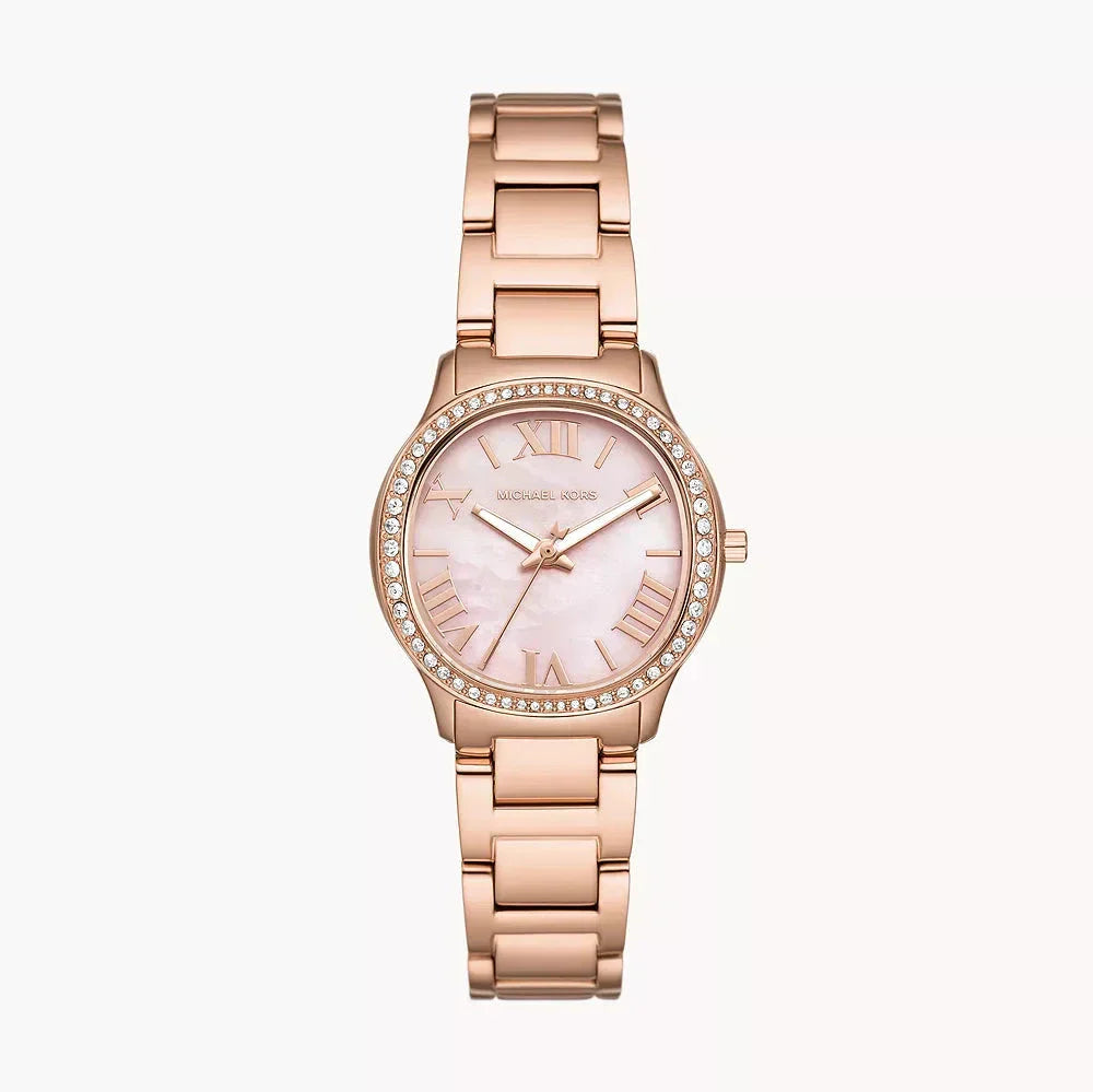 Michael Kors Sage Three-Hand Crystals Mother of Pearl Dial Rose Gold Steel Strap Watch for Women - MK4823