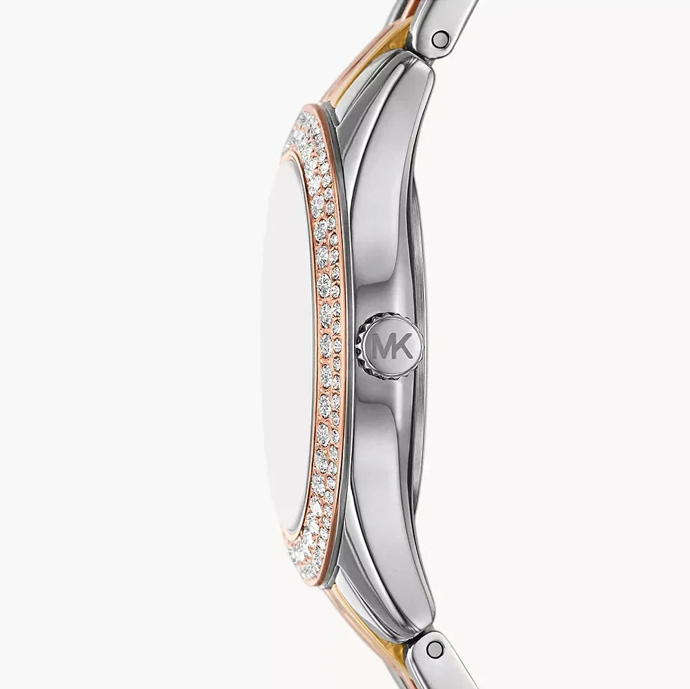 Michael Kors Harlowe Three-Hand Mother of Pearl White Dial Tri Tone Steel Strap Watch for Women - MK4846
