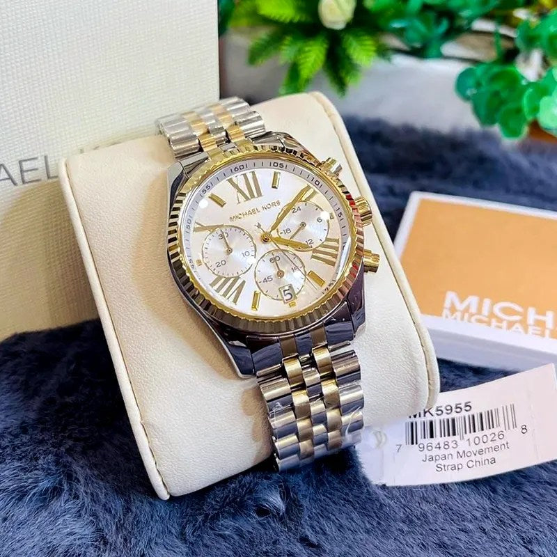 Michael Kors Lexington Silver Dial Two Tone Steel Strap Watch for Women - MK5955