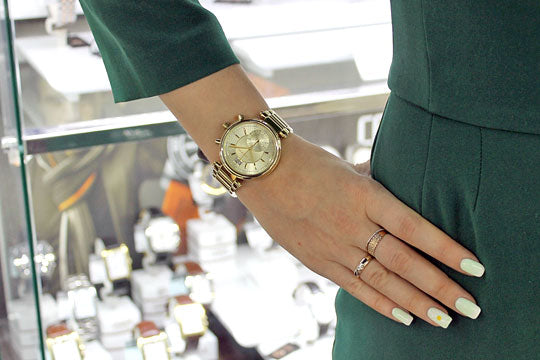 Michael Kors Sawyer White Dial Gold Steel Strap Watch for Women - MK6362