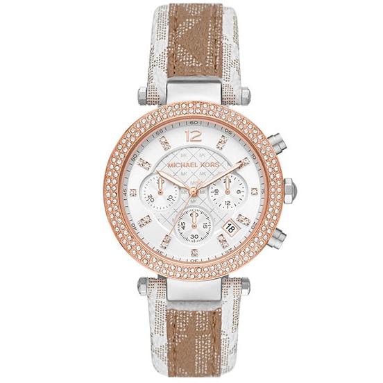 Michael Kors Parker Chronograph White Dial Two Tone Leather Strap Watch For Women - MK6950
