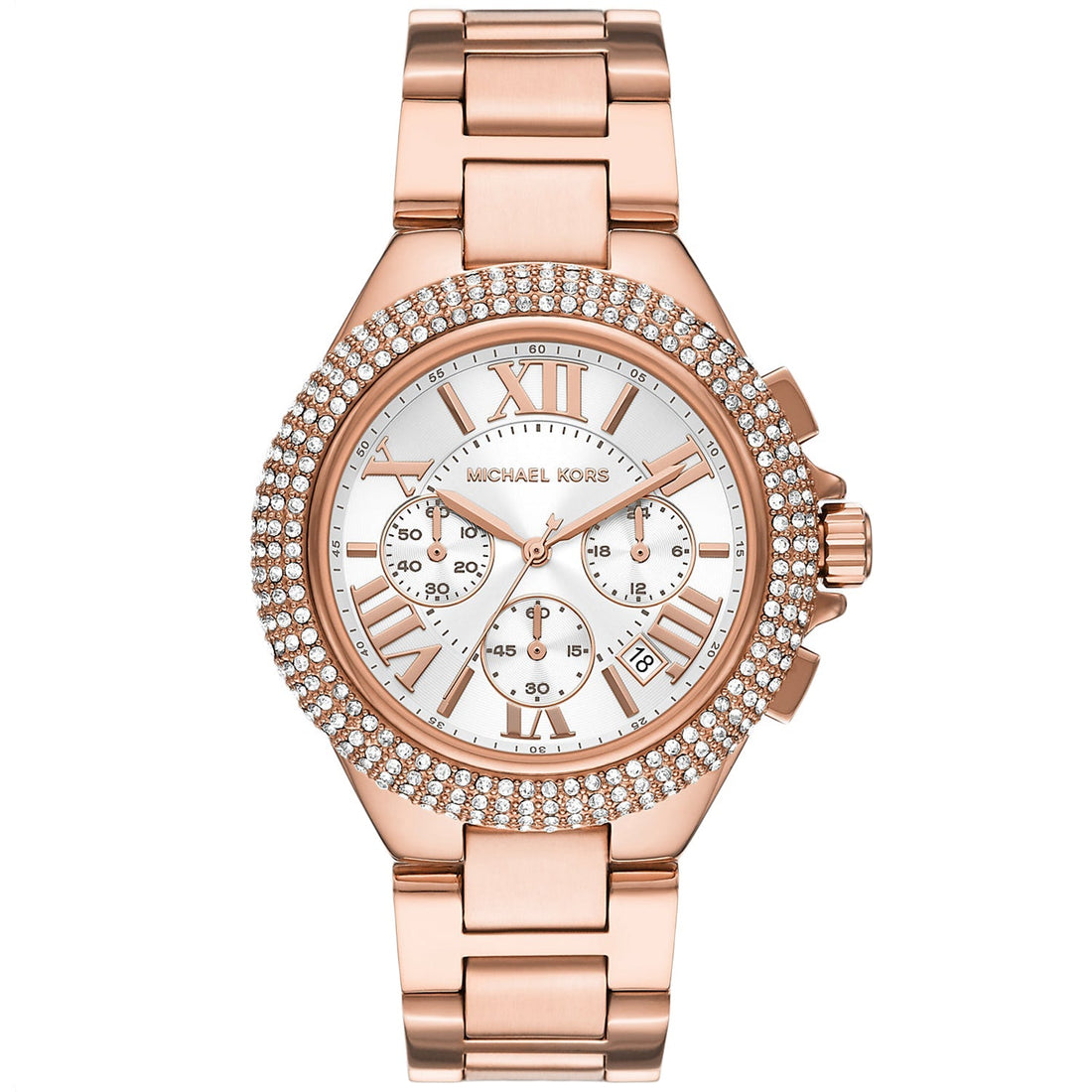 Michael Kors Camille Chronograph White Dial Rose Gold Steel Strap Watch For Women - MK6995