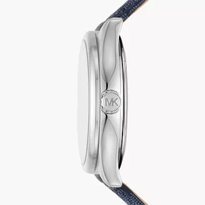 Michael Kors Benning Three Hand Silver Dial Blue Leather Strap Watch For Men - MK8930