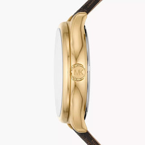 Michael Kors Benning Three Hand Gold Dial Brown Leather Strap Watch For Men - MK8931