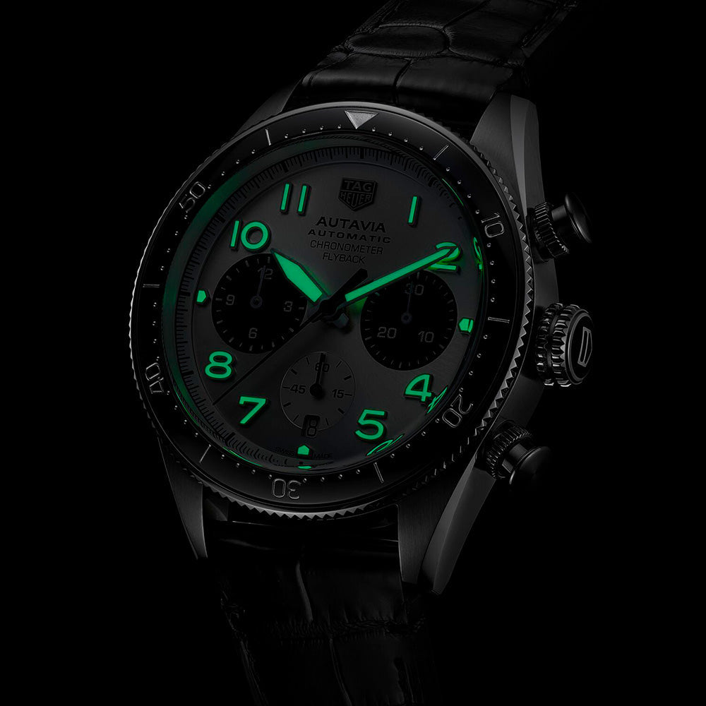 Tag Heuer Autavia Chronometer Flyback Chronograph Silver Dial Black Leather Strap Watch for Men - CBE511B.FC8279