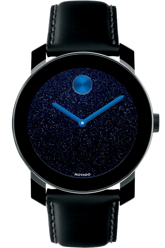 Movado Bold Metallic Blue Dial Black Leather Strap Watch for Men - 3600137