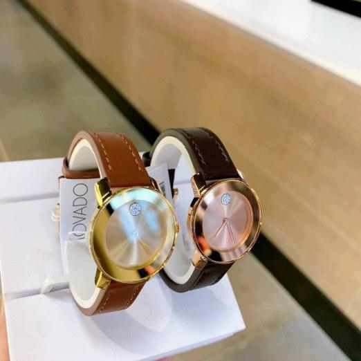 Movado Bold Gold Dial Brown Leather Strap Watch for Women - 3600437