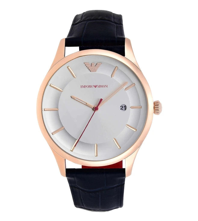 Emporio Armani Classic Silver Dial Blue Leather Strap Watch For Men - AR11131