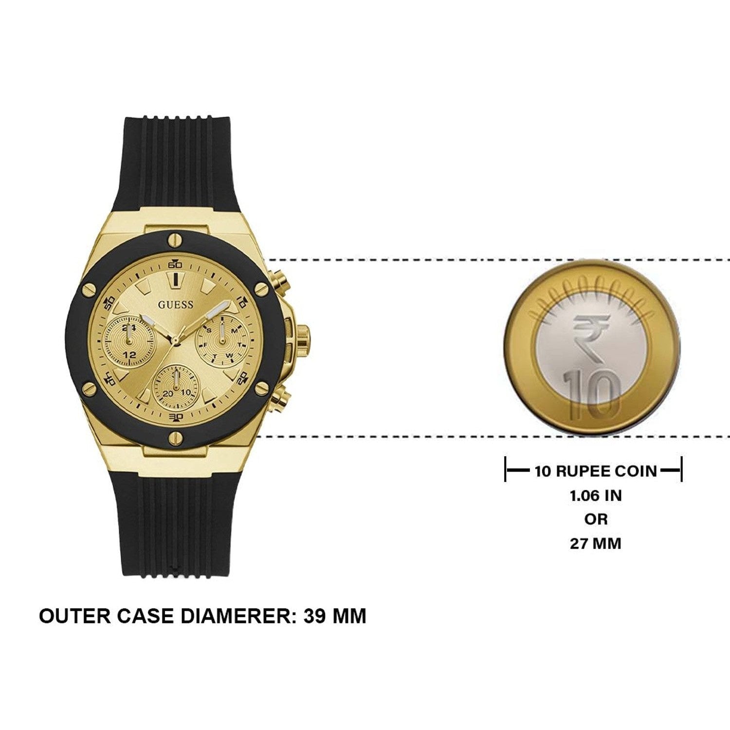 Guess Athena Gold Dial Black Rubber Strap Watch For Women - GW0030L2