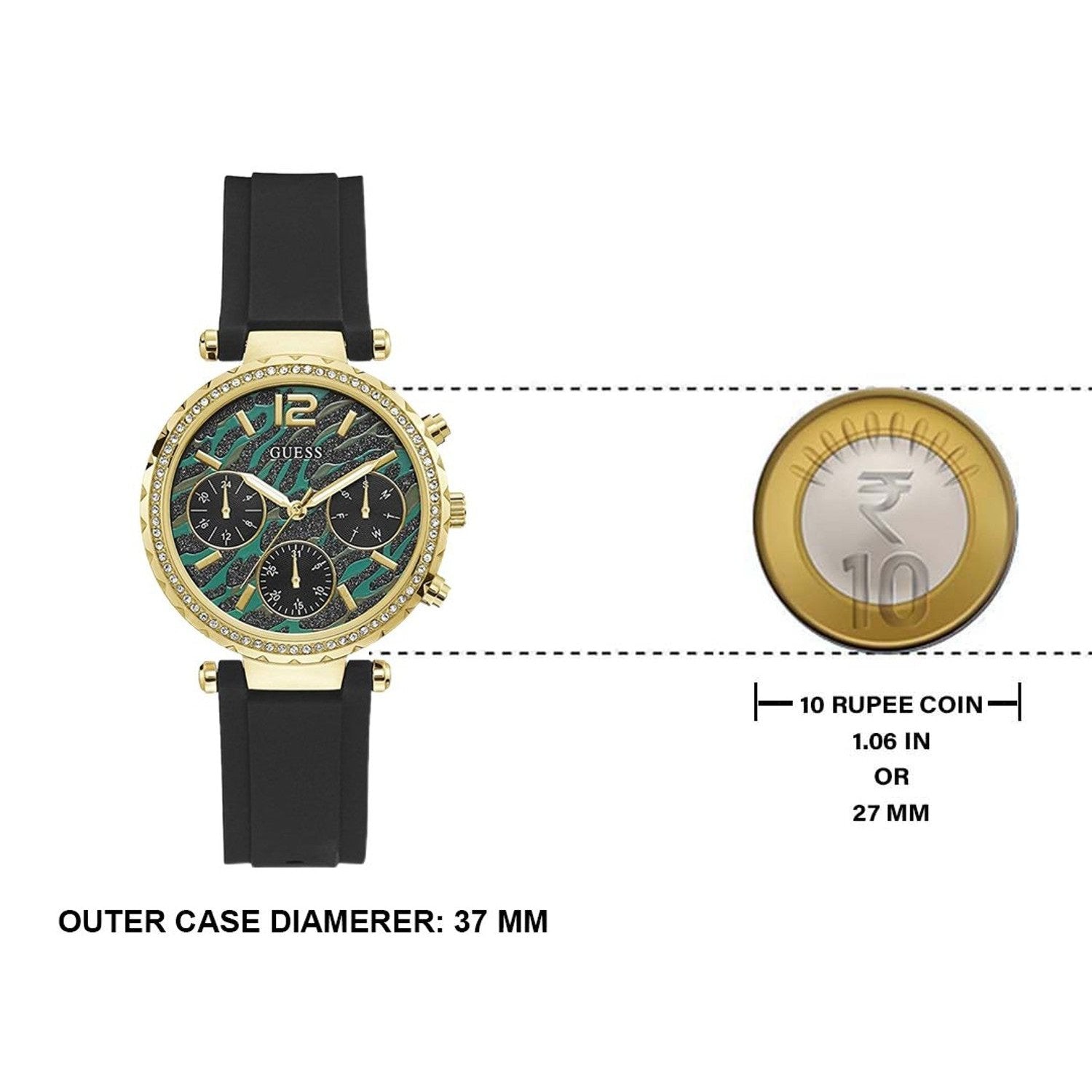 Guess Solstice Green Dial Black Rubber Strap Watch for Women - GW0113L1