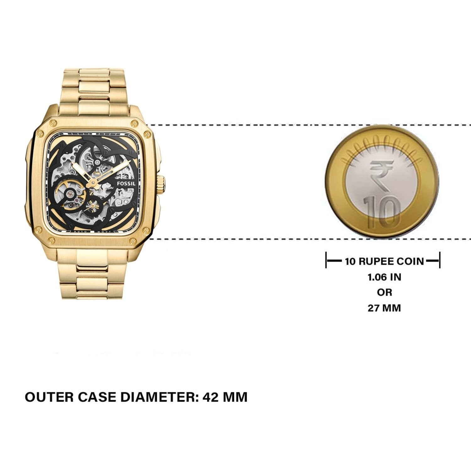 Fossil Inscription Automatic Skeleton Black Dial Gold Steel Strap Watch for Men - BQ2573