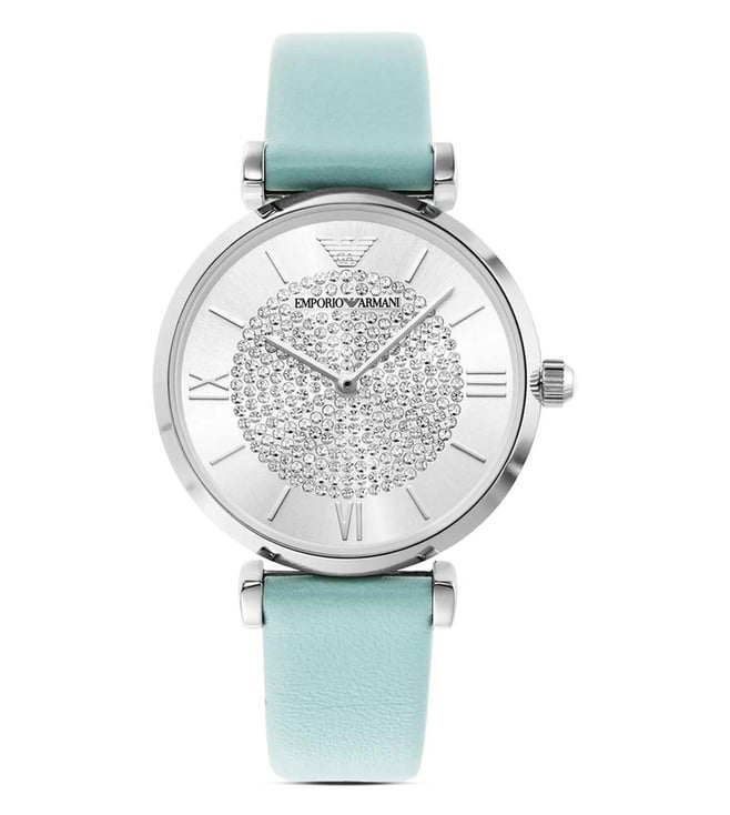 Emporio Armani Gianni T Bar Analog Crystals Silver Dial Blue Leather Strap Watch For Women - AR11443