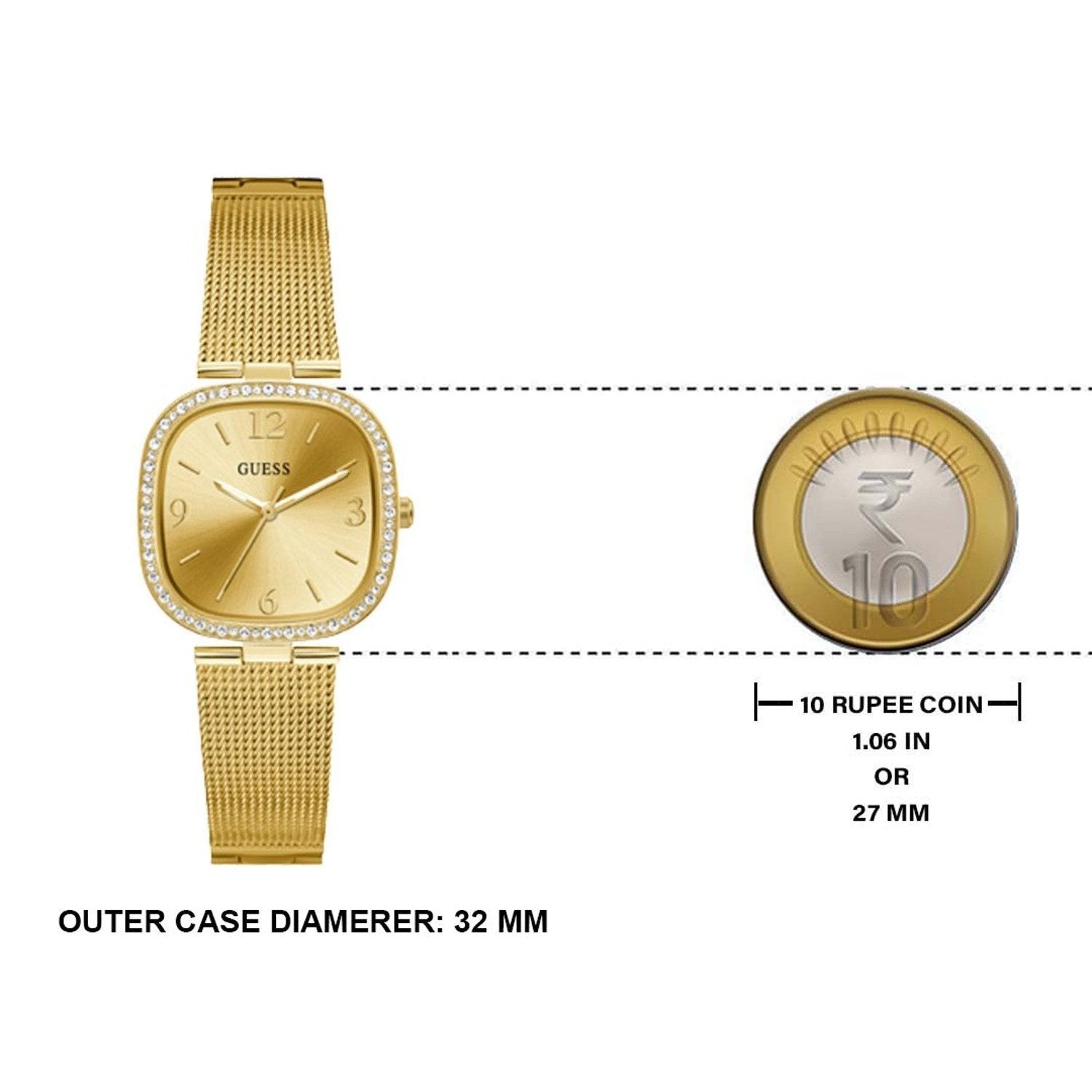 Guess Tapestry Diamonds Gold Dial Gold Mesh Bracelet Watch for Women - GW0354L2