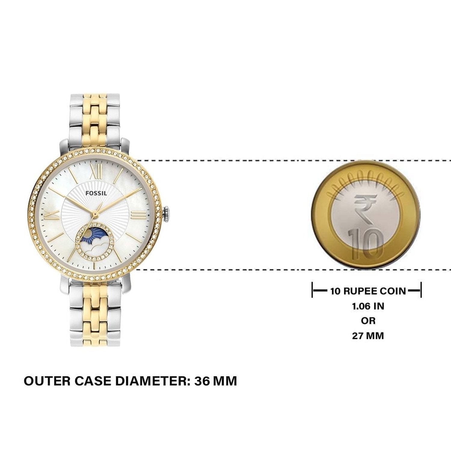 Fossil Jacqueline Analog Moonphase Mother of Pearl White Dial Two Tone Steel Strap Watch for Women - ES5166