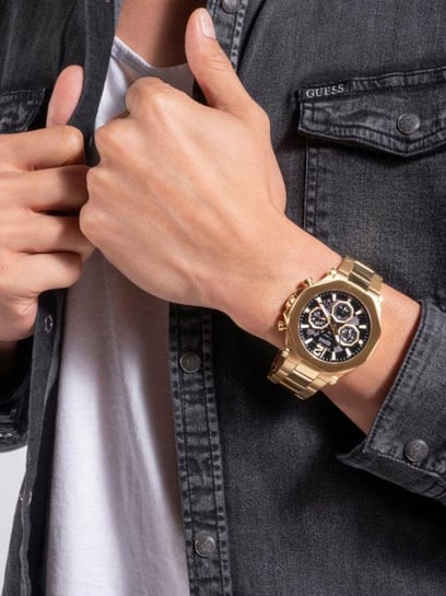 Guess Edge Chronograph Black Dial Gold Steel Strap Watch For Men - GW0539G2