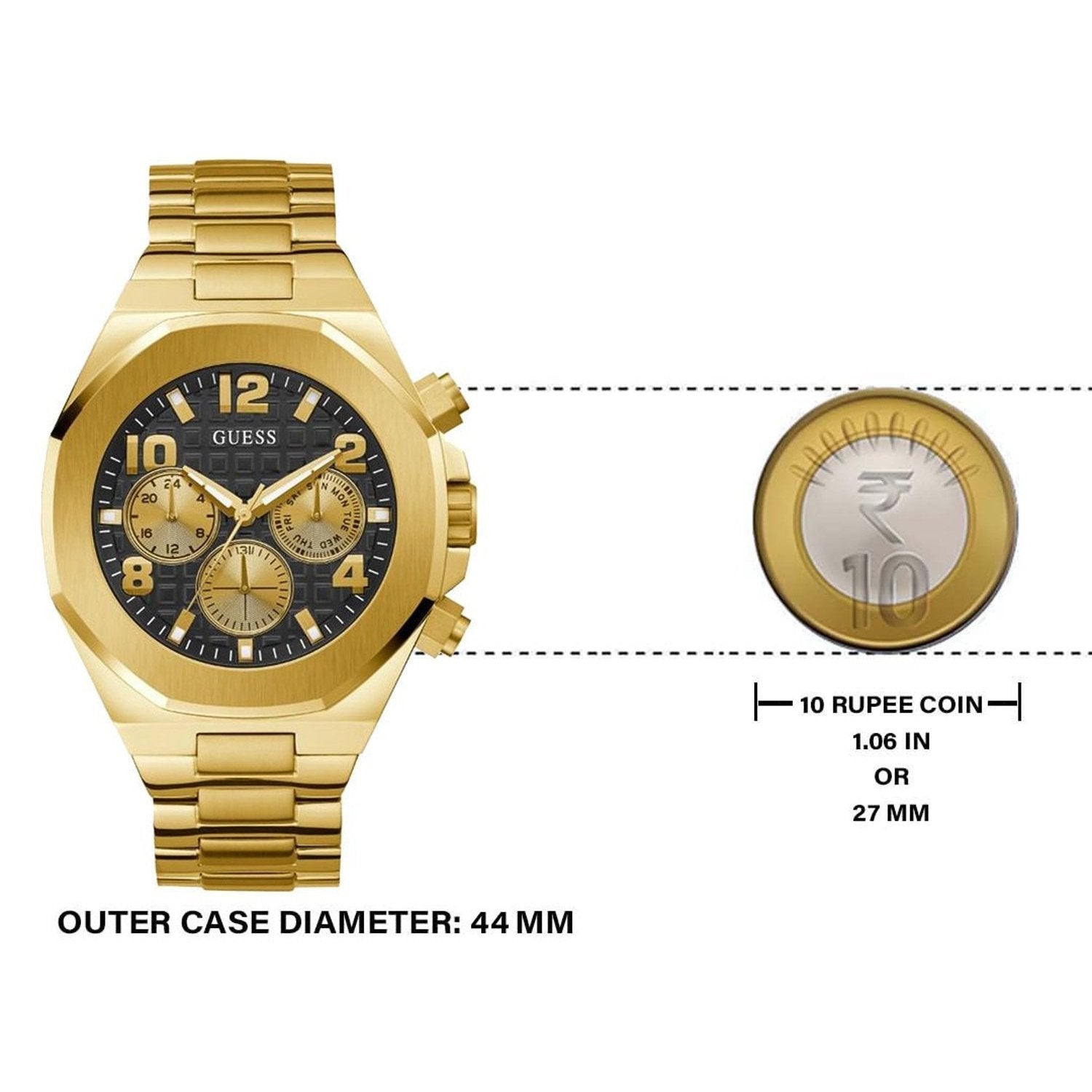 Guess Empire Quartz Black Dial Gold Steel Strap Watch For Men - GW0489G2