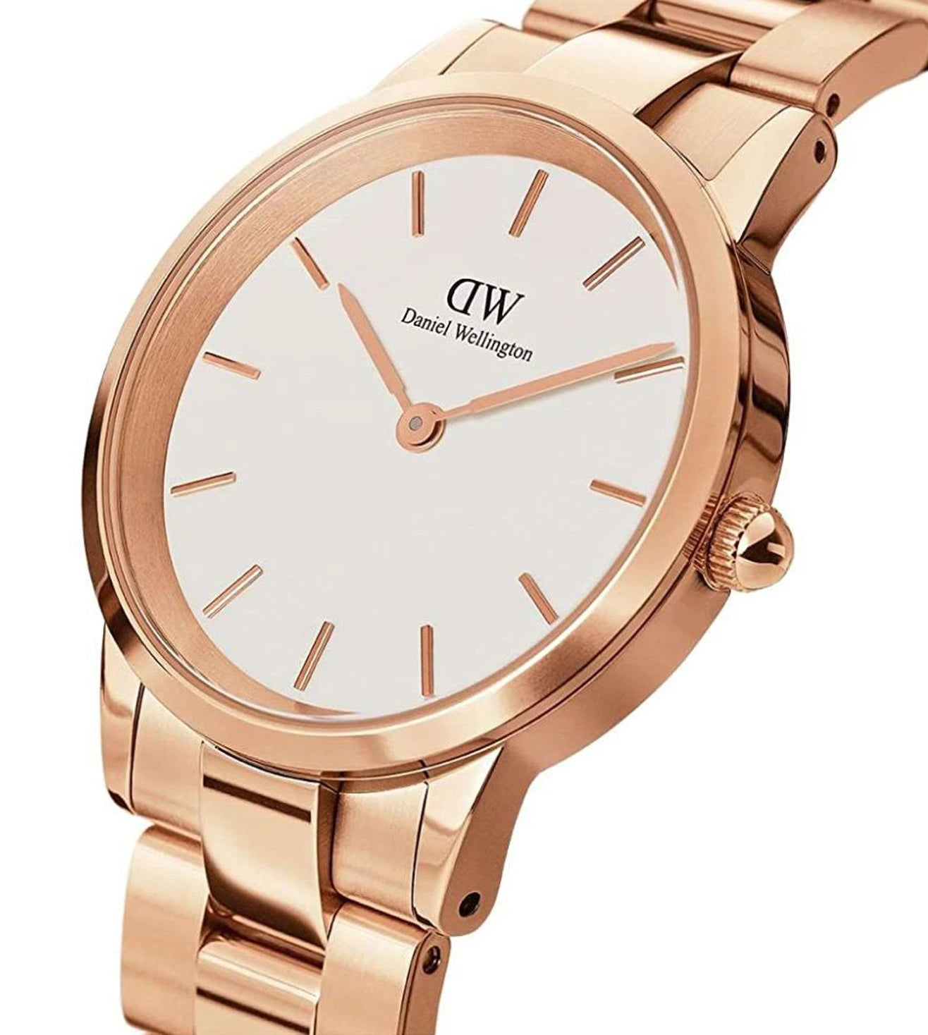 Daniel Wellington Iconic Link White Dial Rose Gold Steel Strap Watch for Women - DW00100213
