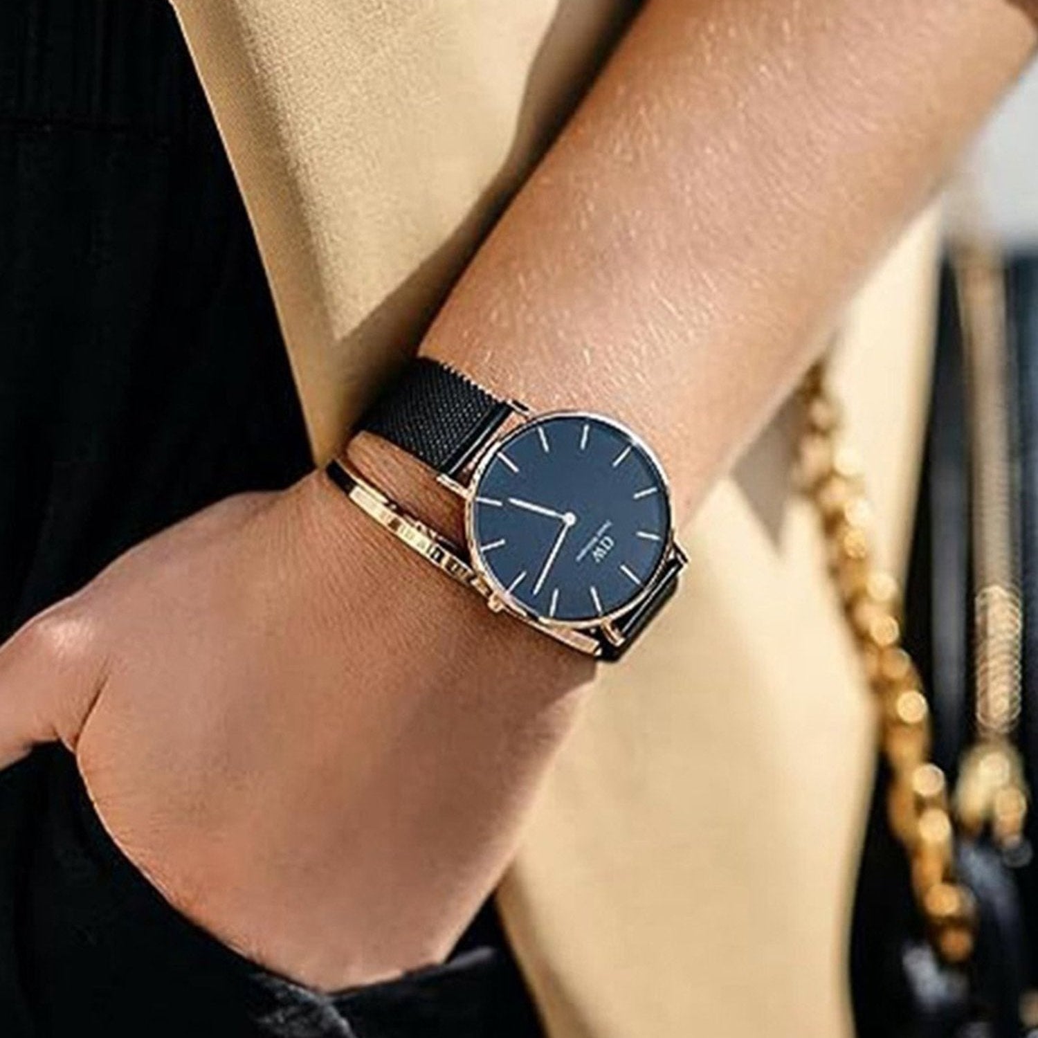 Daniel Wellington Petite Ashfield Black Dial Black Mesh Strap Watch for Women - DW00100307