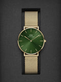 Daniel Wellington Petite Emerald Green Dial Gold Mesh Strap Watch For Women - DW00100481