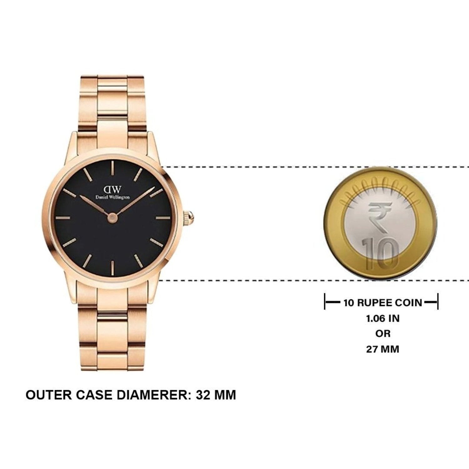 Daniel Wellington Iconic Link Black Dial Rose Gold Steel Strap Watch for Women - DW00100212