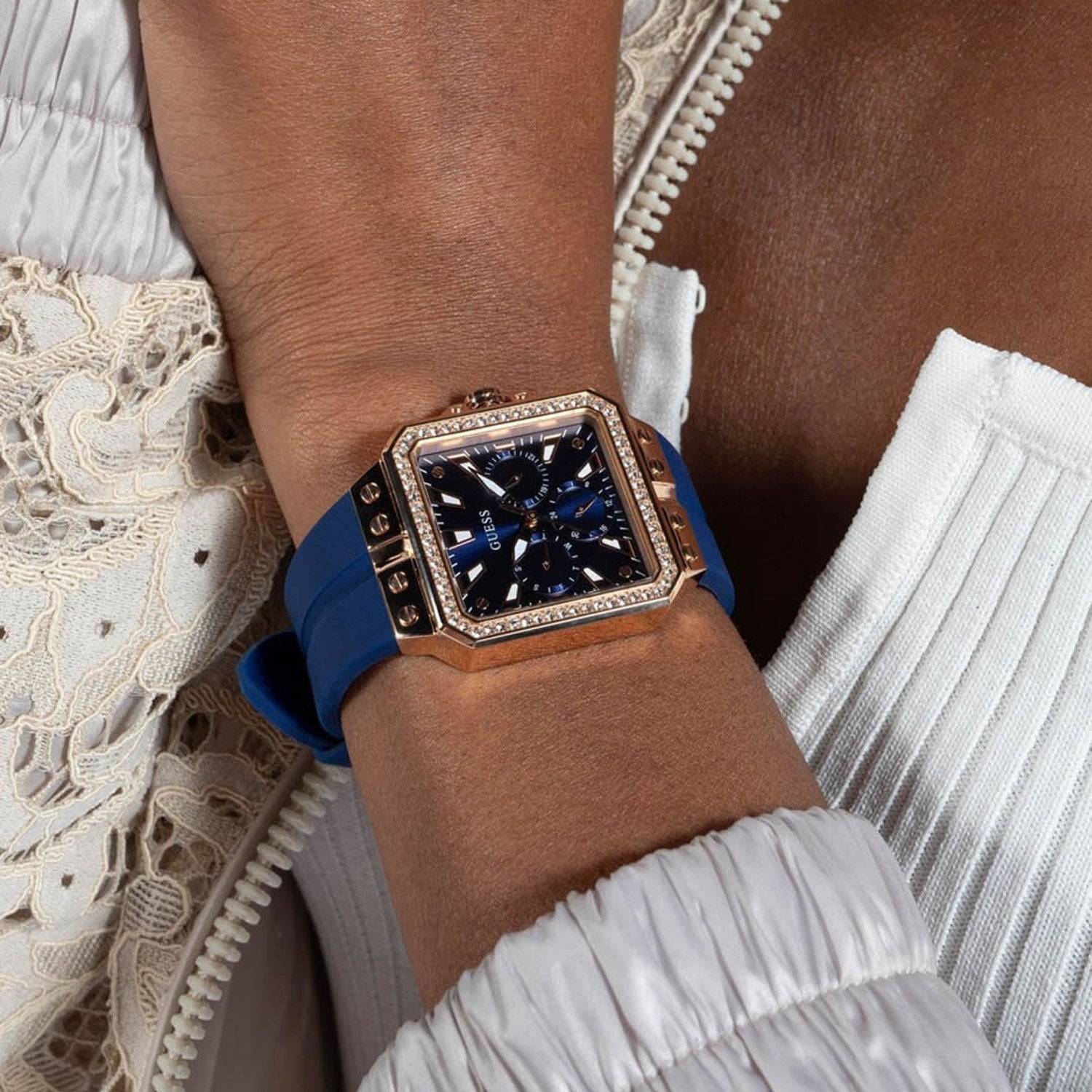 Guess Libra Crystals Blue Dial Blue Silicone Strap Watch For Women - GW0618L2