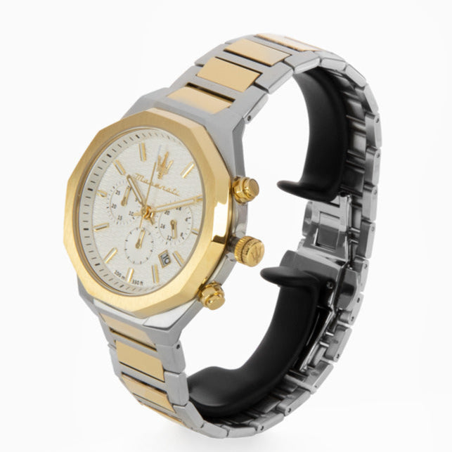 Maserati Stile Chronograph White Dial Two Tone Steel Strap Watch For Men - R8873642009