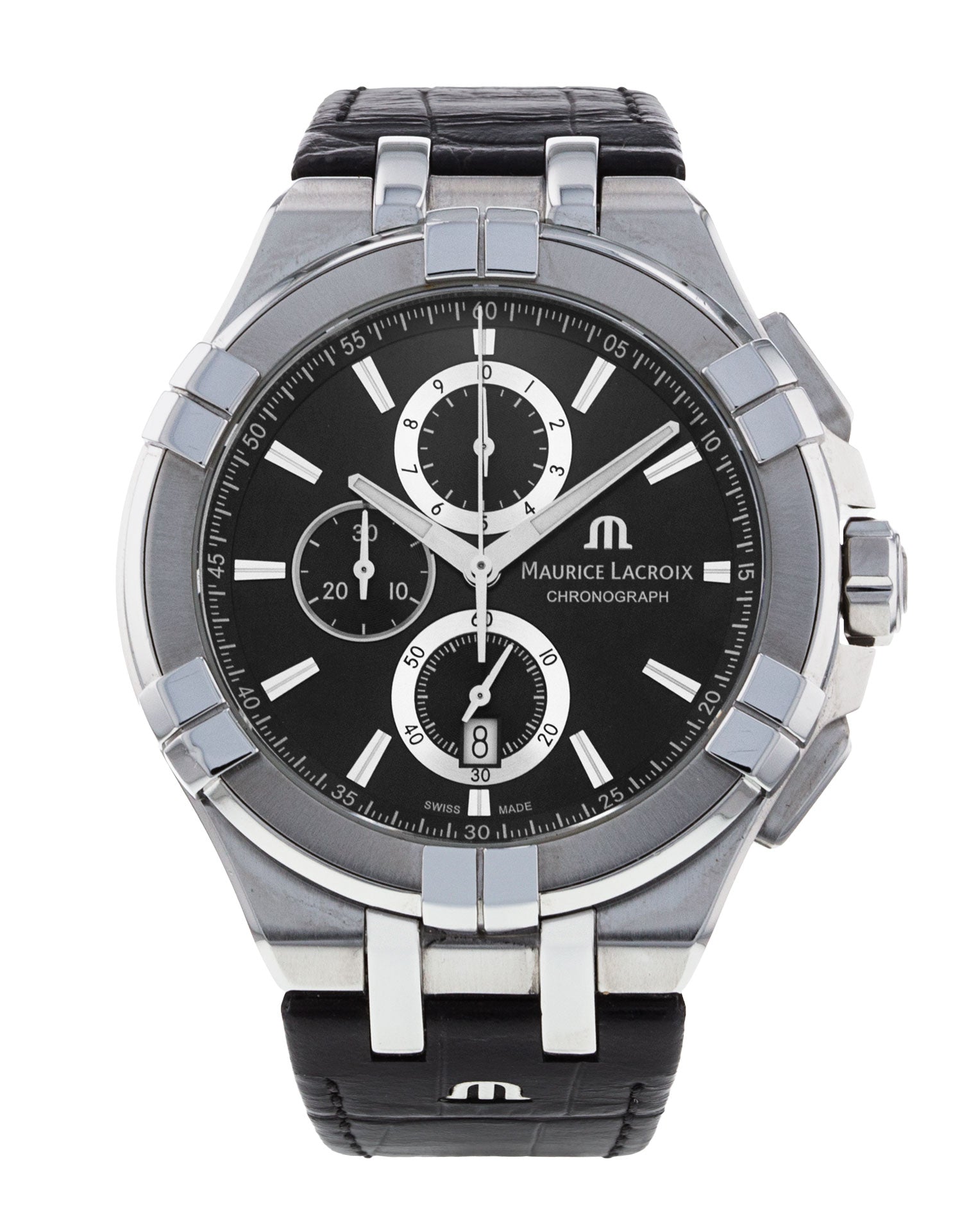 Maurice Lacroix Aikon Chronograph Black Dial Black Leather Strap Watch for Men - AI1018-SS001-330-1
