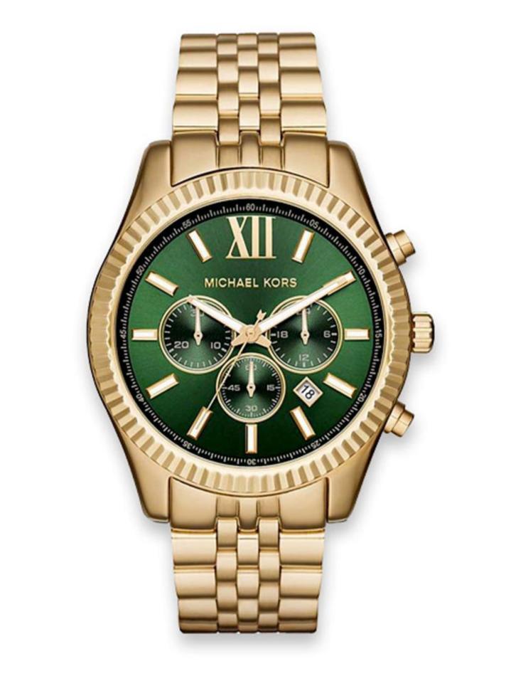 Michael Kors Lexington Chronograph Green Dial Gold Steel Strap Watch for Men - MK8446