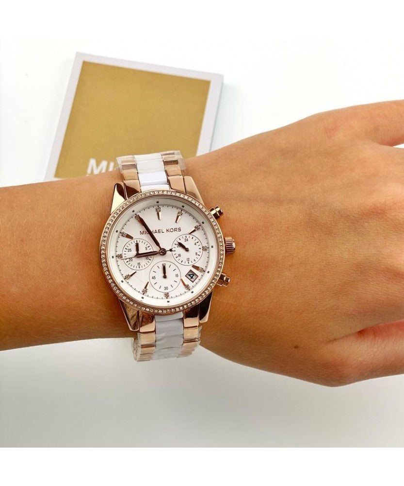 Michael Kors Ritz White Dial Two Tone Steel Strap Watch for Women - MK6324
