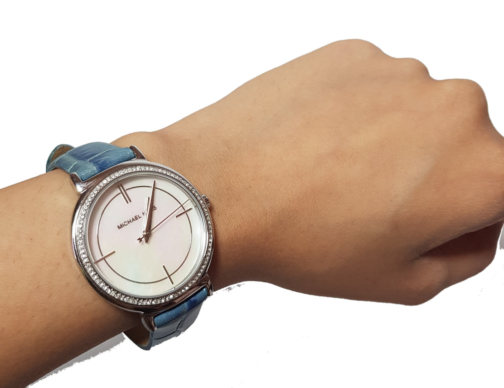 Michael Kors Cinthia Mother of Pearl Dial Blue Leather Strap Watch for Women - MK2661