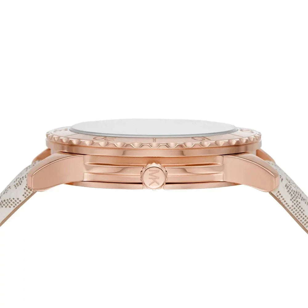 Michael Kors Runway Quartz Rose Gold Dial White Leather Strap Watch For Women - MK6980