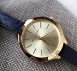 Michael Kors Runway Quartz Gold Dial Blue Leather Strap Watch For Women - MK2285