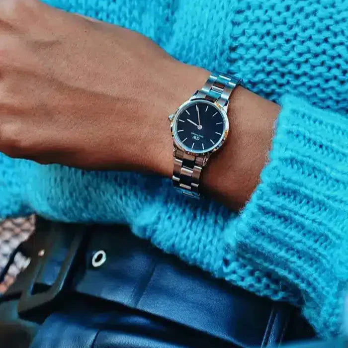 Daniel Wellington Iconic Link Black Dial Silver Steel Strap Watch For Women - DW00100208