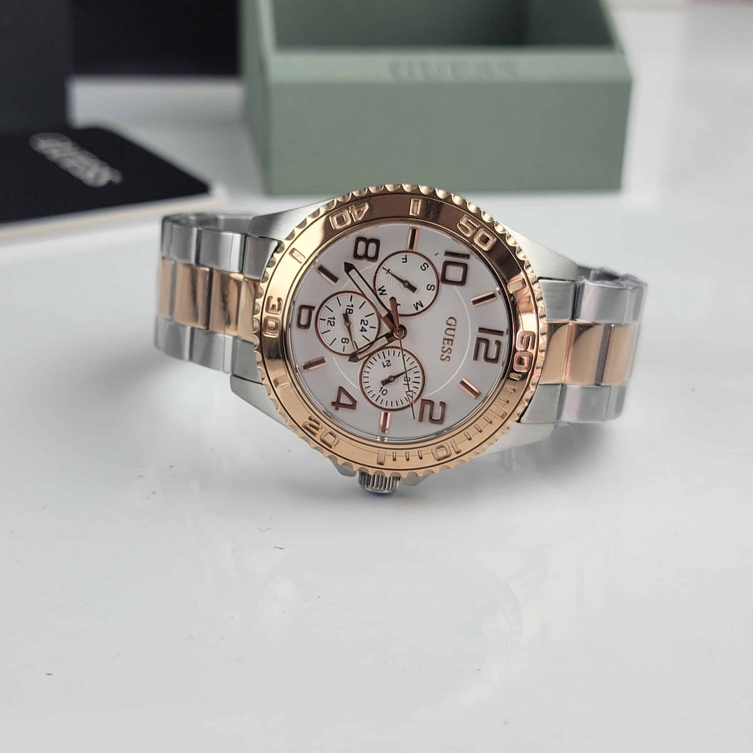 Guess BFF Multifunction Silver Dial Two Tone Steel Strap Watch for Women - W0231L5