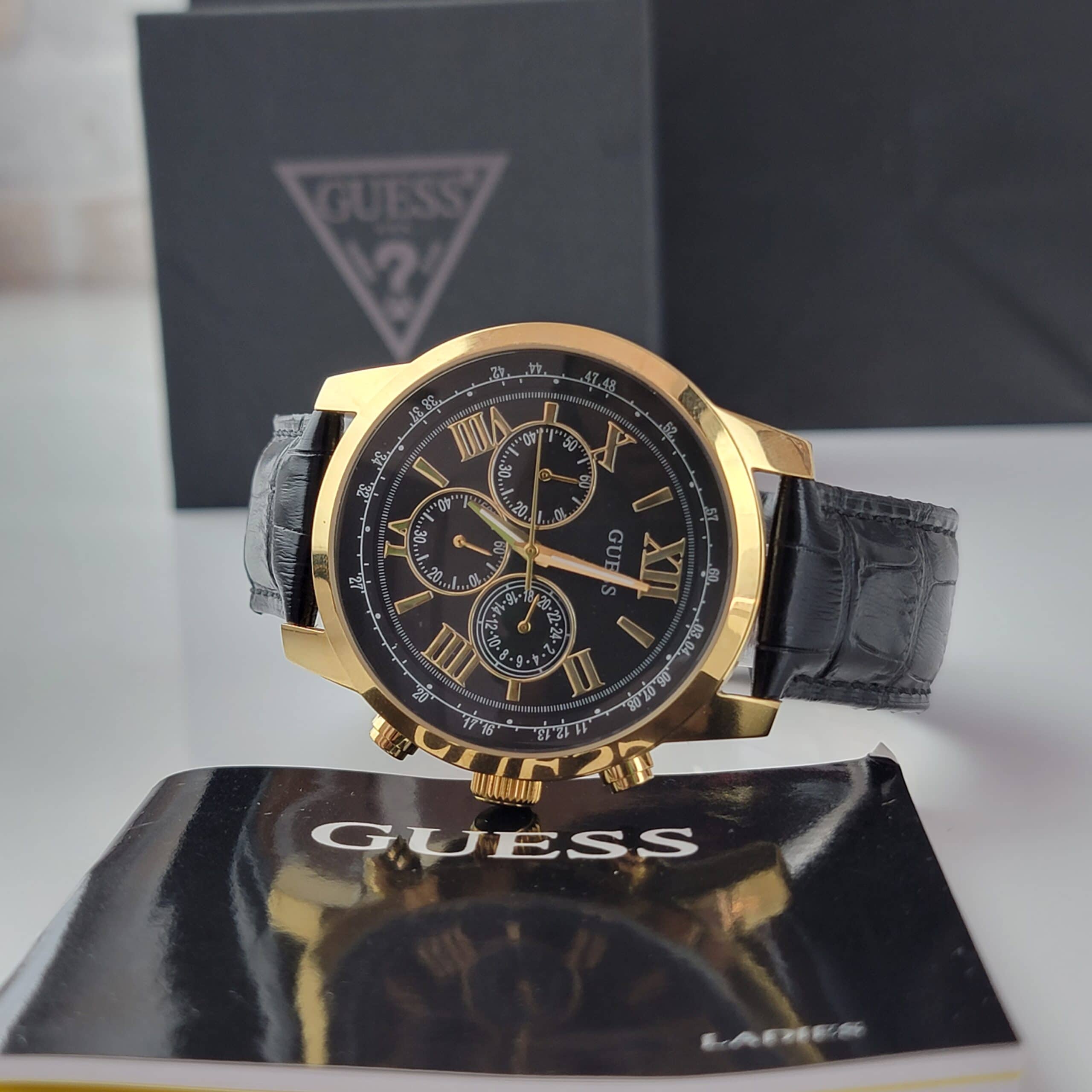 Guess Horizon Chronograph Quartz Black Dial Black Leather Strap Watch For Men - W0380G7