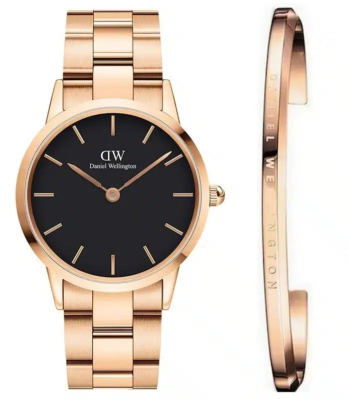 Daniel Wellington Iconic Link Analog Black Dial Rose Gold Steel Strap Watch For Women - DW00100214