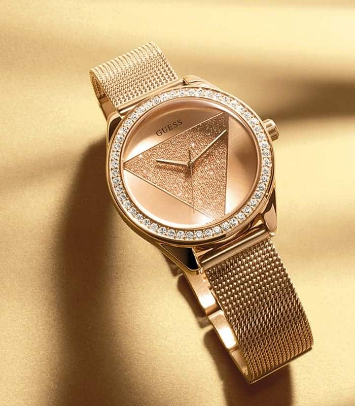 Guess Tri Glitz Quartz Diamonds Rose Gold Dial Rose Gold Mesh Bracelet Watch For Women - W1142L4
