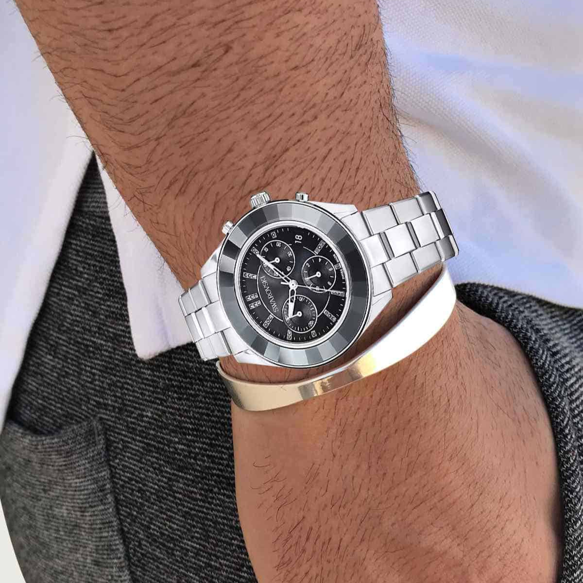 Swarovski Octea Lux Sport Chronograph Black Dial Silver Steel Strap Watch for Women - 5610520