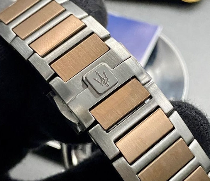 Maserati Stile Chronograph Blue Dial Rose Gold Two Tone Strap Watch For Men - R8873642002