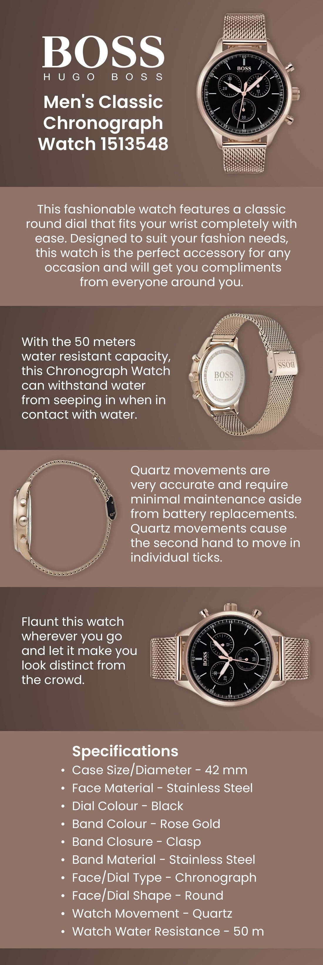 Hugo Boss Companion Chronograph Black Dial Rose Gold Steel Strap Watch For Men - 1513548
